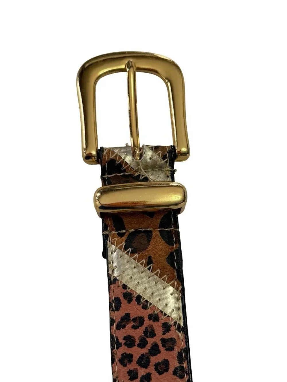Y2K Genuine Leather Animal Print Patchwork Belt Gold Buckle M/L 31.5
